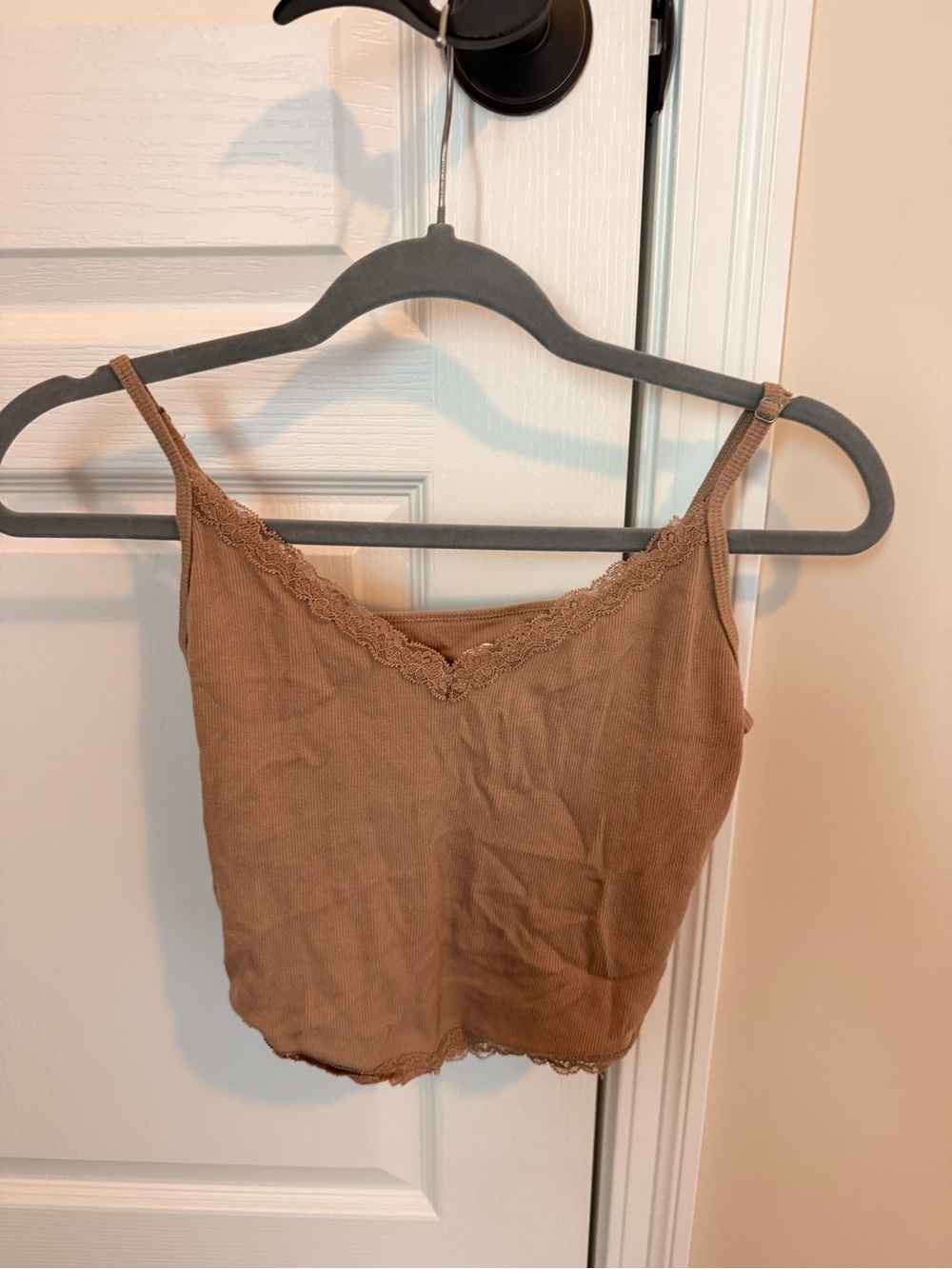 Lace-Trim Knit Cami Tank Top - Brown